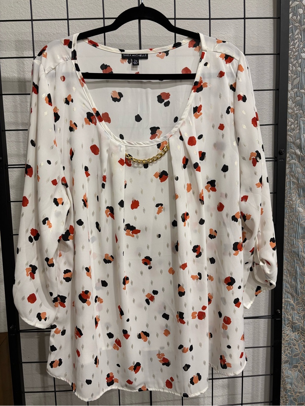 Sara Michelle White Blouse with Red, Black & Orange Floral Spots